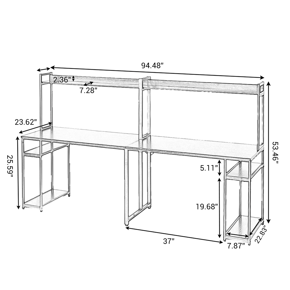 Home office Dual Person Computer Desk with Two-layer Shelf and Open Top Partition - Black