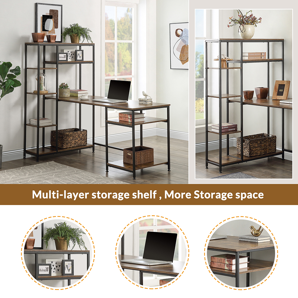 Home Office 29.5" Height Computer Desk with Multiple Storage Shelves & CPU Bracket, MDF Board Solid Metal Frame - Brown