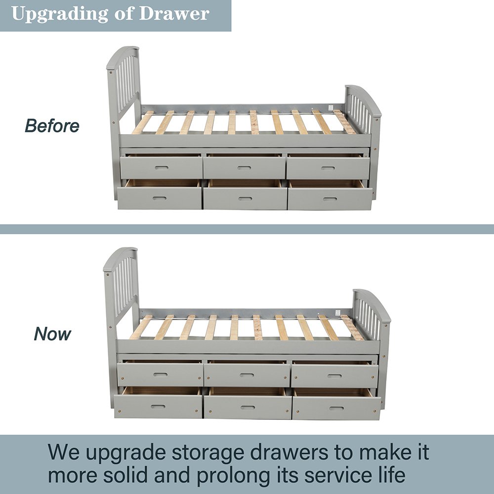 Orisfur Twin Size Wooden Bed Frame with 6 Storage Drawers - Gray