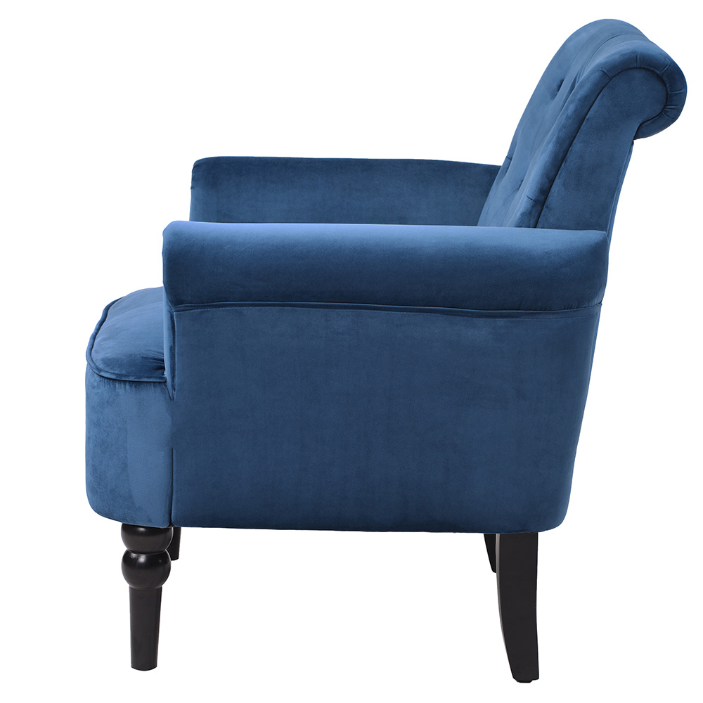 1-seat Velvet Button Tufted Sofa with Roll Arms and Wooden Legs for Living Room, Bedroom, Office, Hotel, Bar - Navy Blue