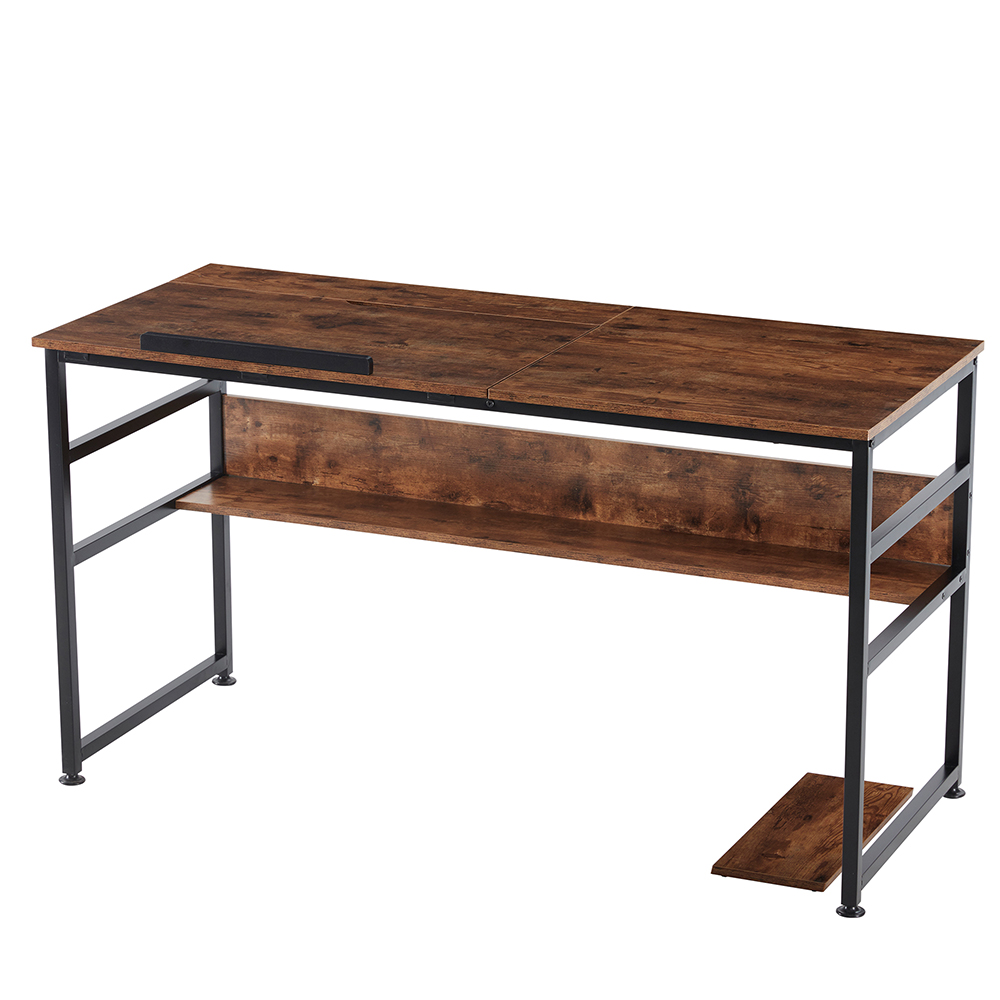 Home Office Adjustable Angle Computer Desk with Tiltable Board and Bottom Shelf - Brown