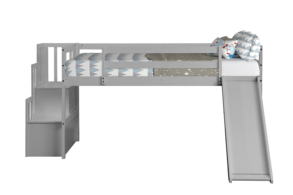 Children's Loft Bed with Storage Stairs and Slide - Grey