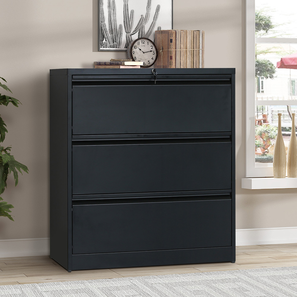 Home Office Steel Lateral File Cabinet with 3 Drawers and Lock - Black