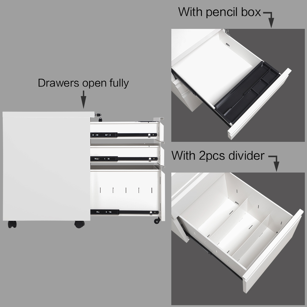 Home Office Steel Removable File Cabinet with 3 Drawers and Casters - White