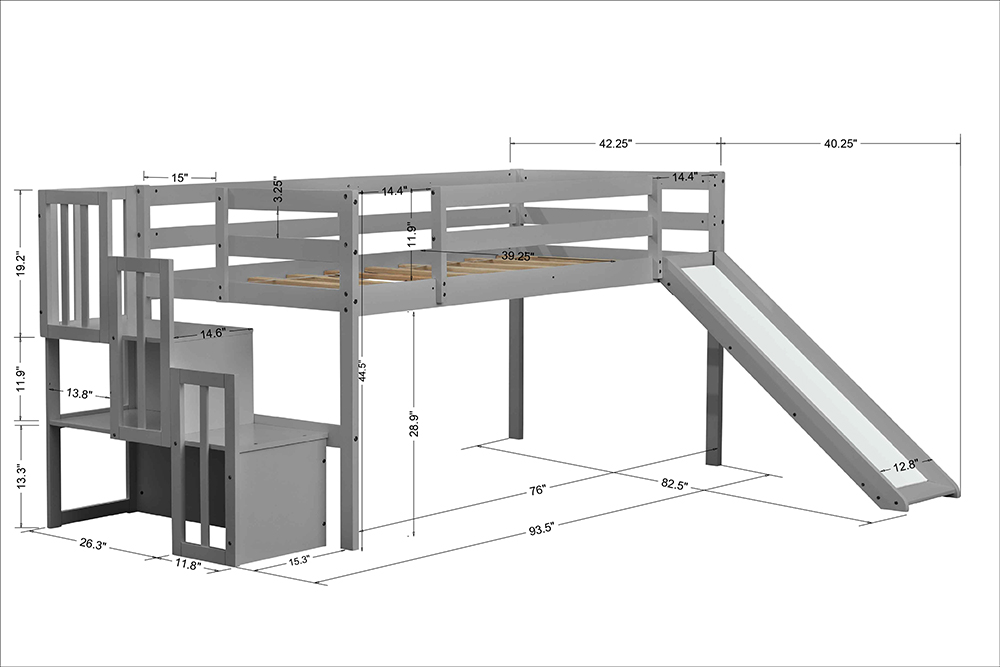 Children's Loft Bed with Storage Stairs and Slide Grey