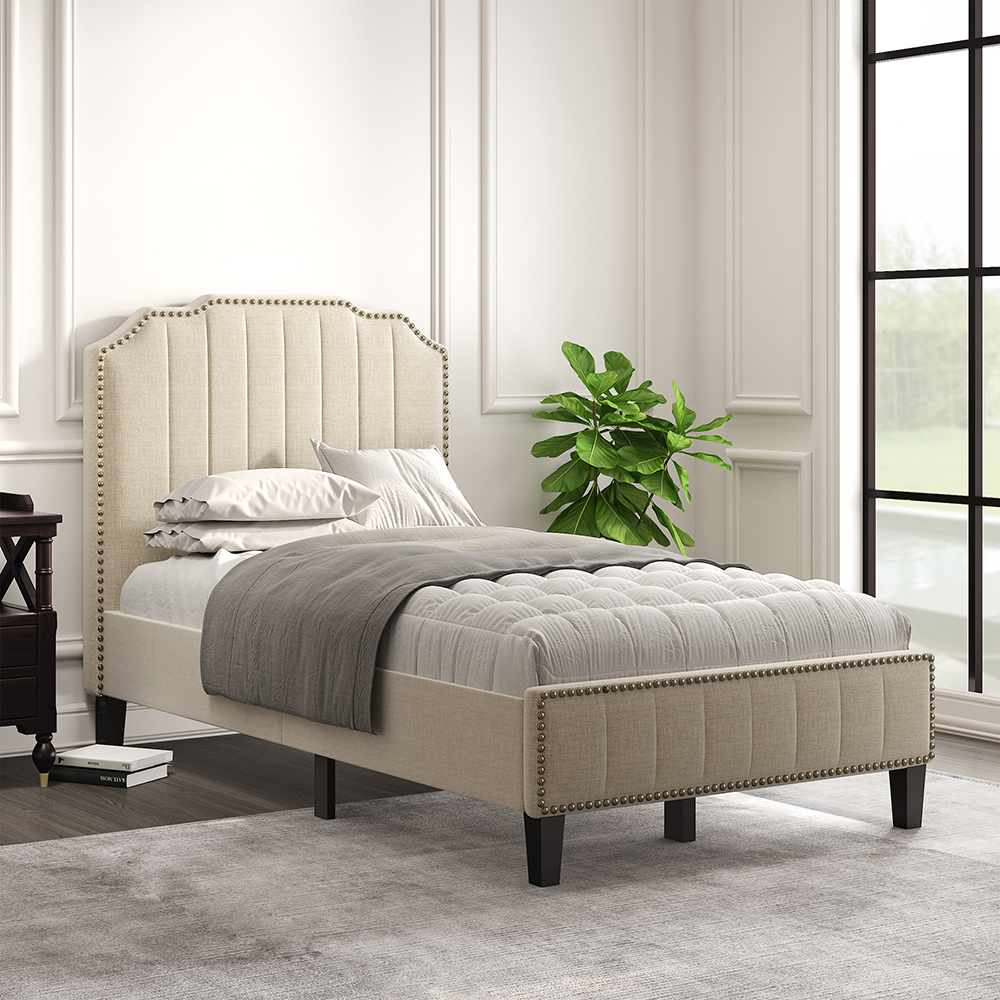 Twin Size Solid Wooden Upholstered Bed Frame with Linen Headboard and Nailhead Trim - Cream