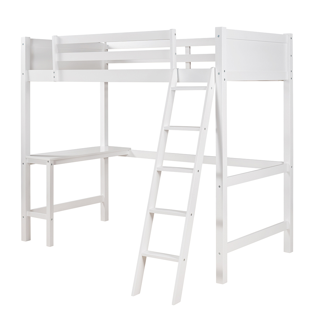 Twin Size Wooden Loft Bed Frame with Desk and Ladder Suitable for Small Rooms - White