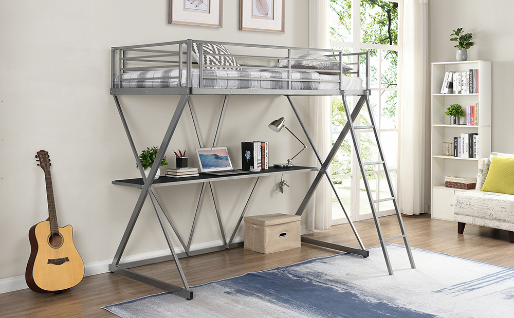 Steel Twin Size Loft Bed X-shaped Frame with Desk, Ladder and Full-length Guardrail (Only Frame) - Silver