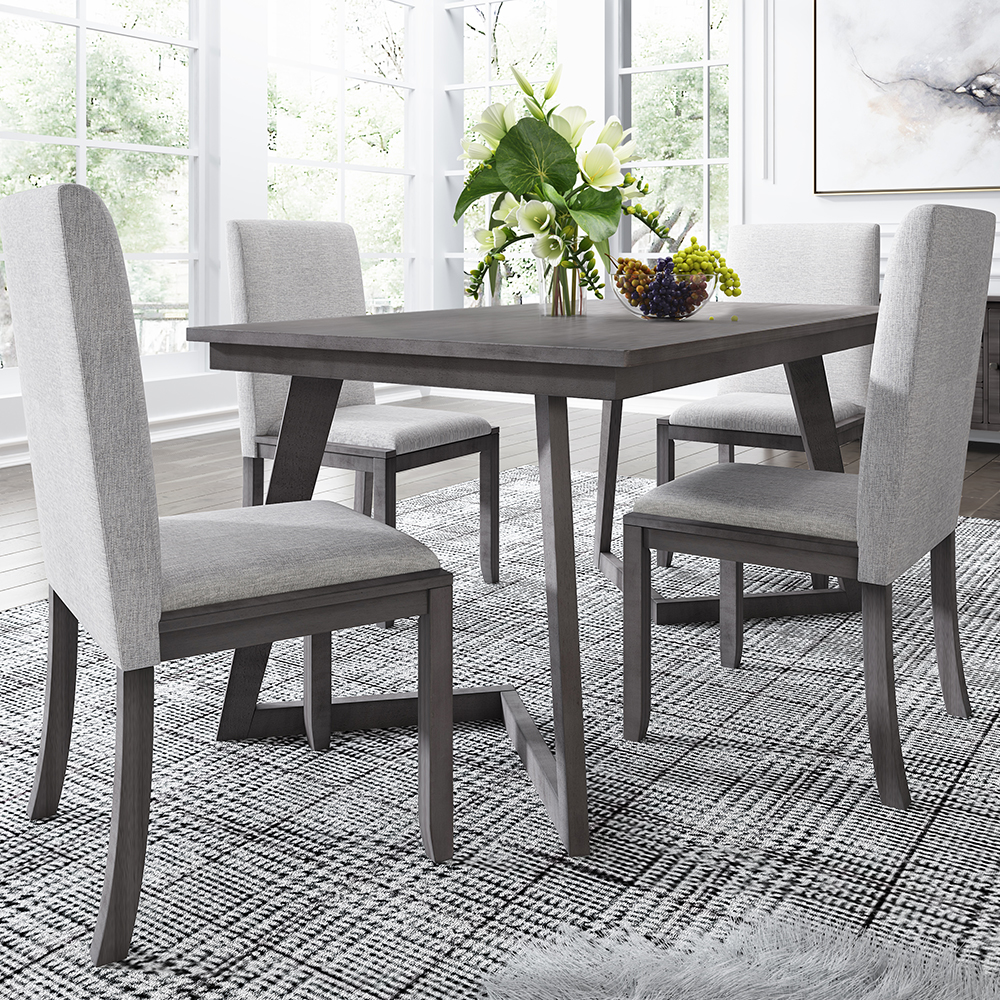 TOPMAX 5 Pieces of Dining Set, with Wooden Rectangular Table & 4 * Linen Chairs - Gray