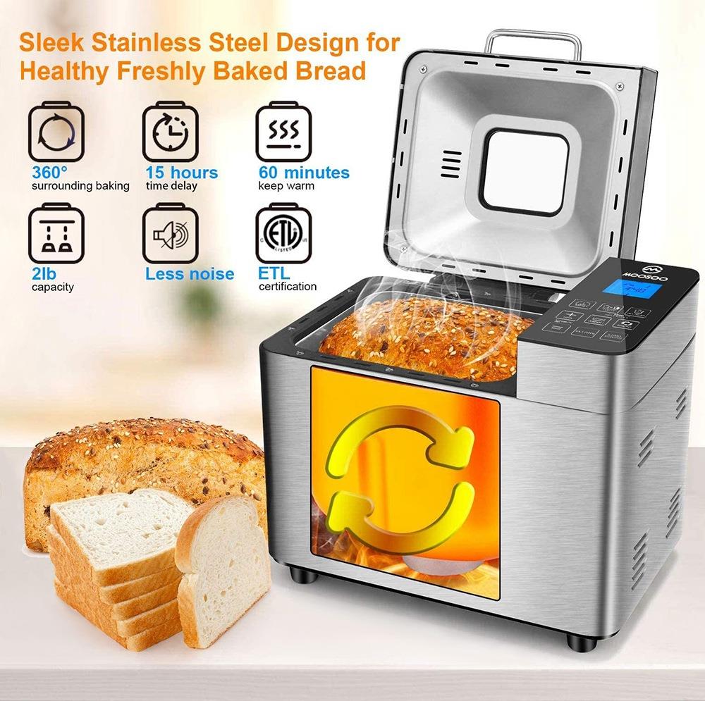 MOOSOO MB30 Stainless Steel Smart Bread Machine 2LB Capacity 600W Power 25 Programs Digital Touch Screen Control Home DIY Used to Make Whole Wheat Bread, Gluten-Free Bread, Yogurt - Silver