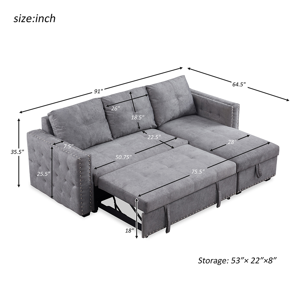 91" L-shaped Corner Multifunctional Pull-out Sofa Bed Lying and Sitting 2-in-1 with Storage Space, 3 Seats - Gray