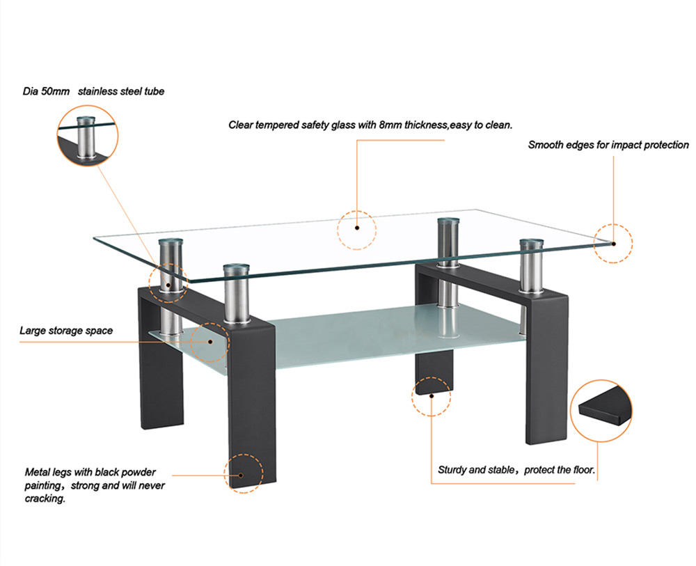 Household Rectangular Glass Coffee Table, Dual Storey, Easy to Clean - Black