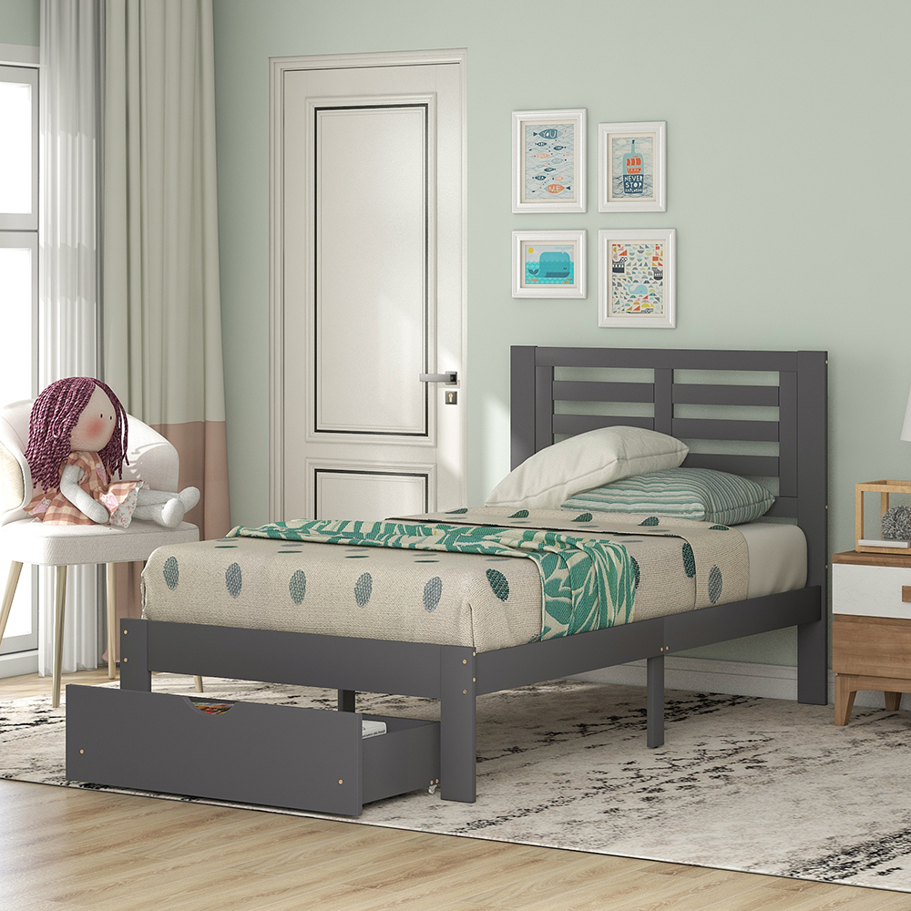 Twin Size Wooden Bed Frame with Storage Drawer - Gray