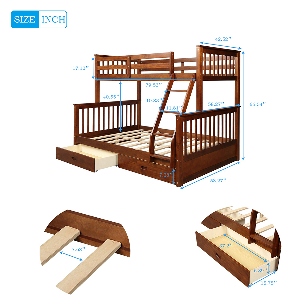 TwinOverFull Size Bunk Bed Frame with 2 Storage Drawers Walnut