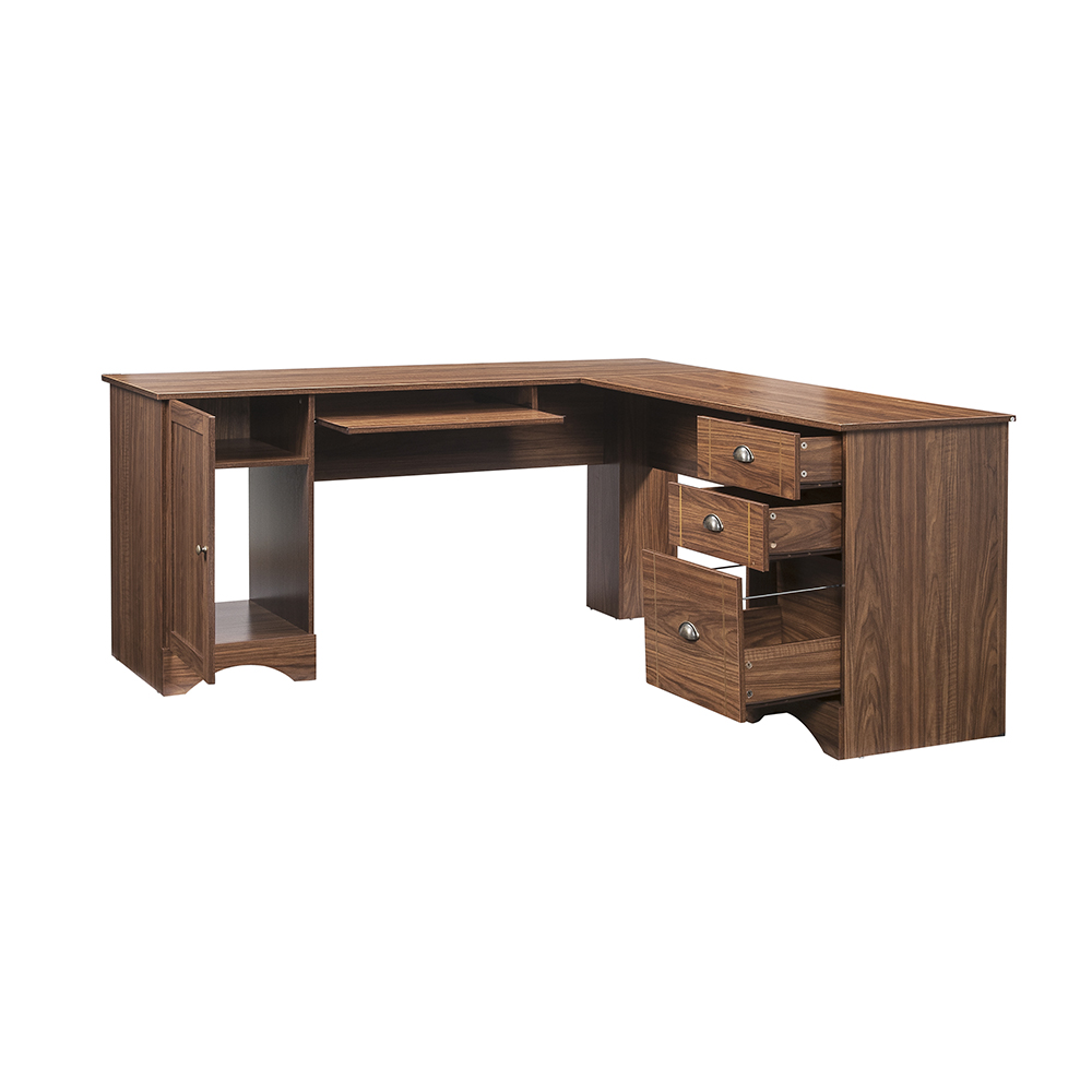 Home Office L-shaped Corner Computer Desk with Three Drawers and Storage Cabinet - Walnut