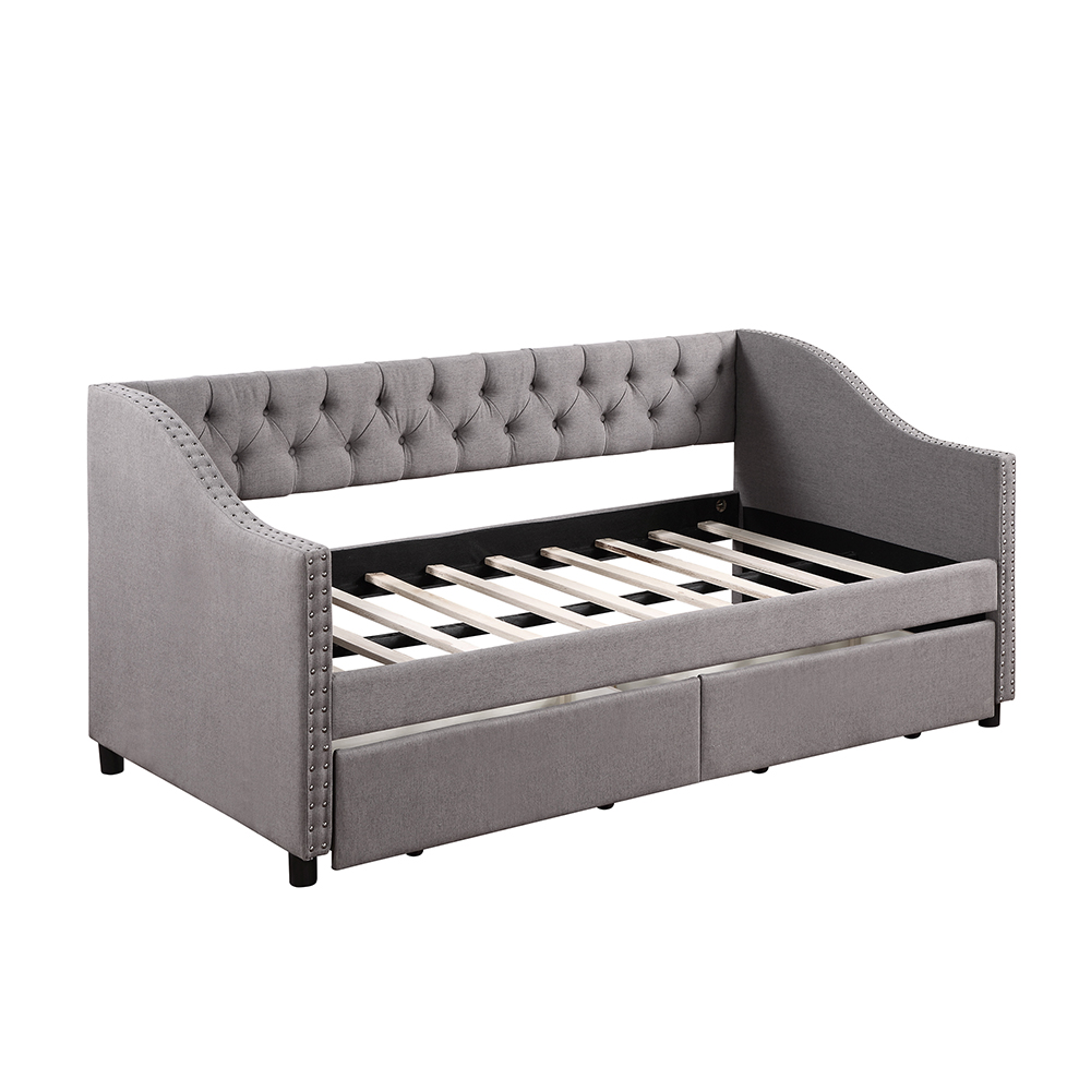 Twin Size Linen Upholstered Tufted Sofa Bed Wooden Frame with Two Storage Drawers and Armrests - Gray