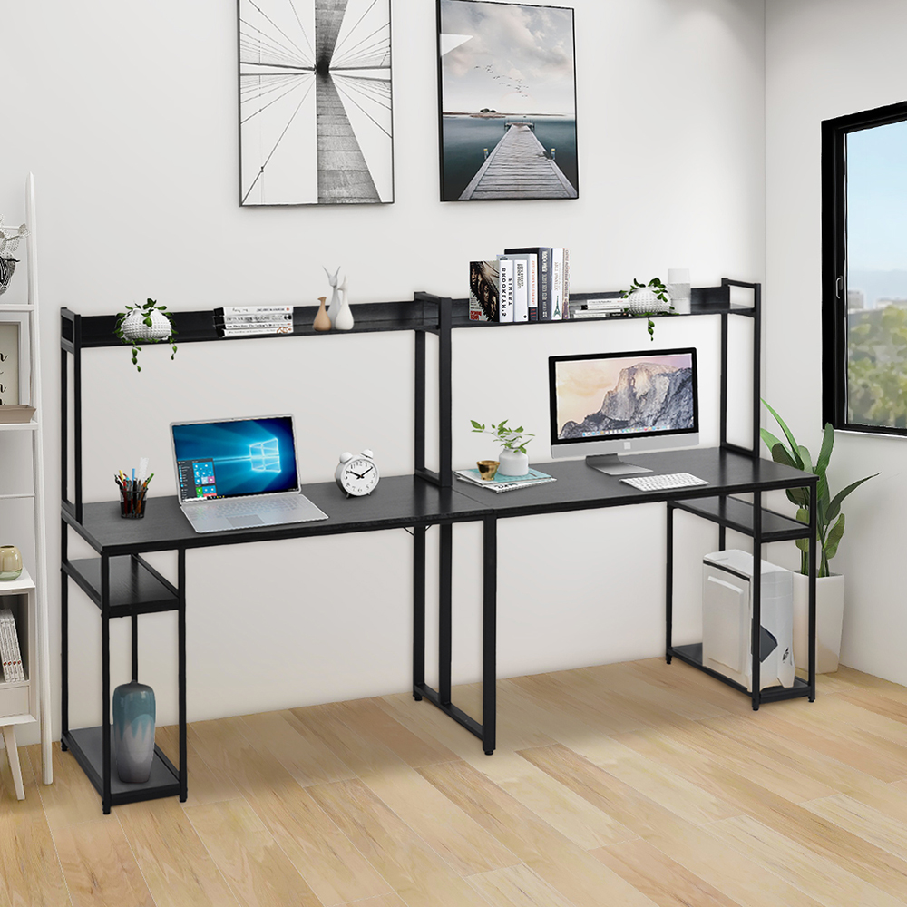 Home office Dual Person Computer Desk with Two-layer Shelf and Open Top Partition - Black