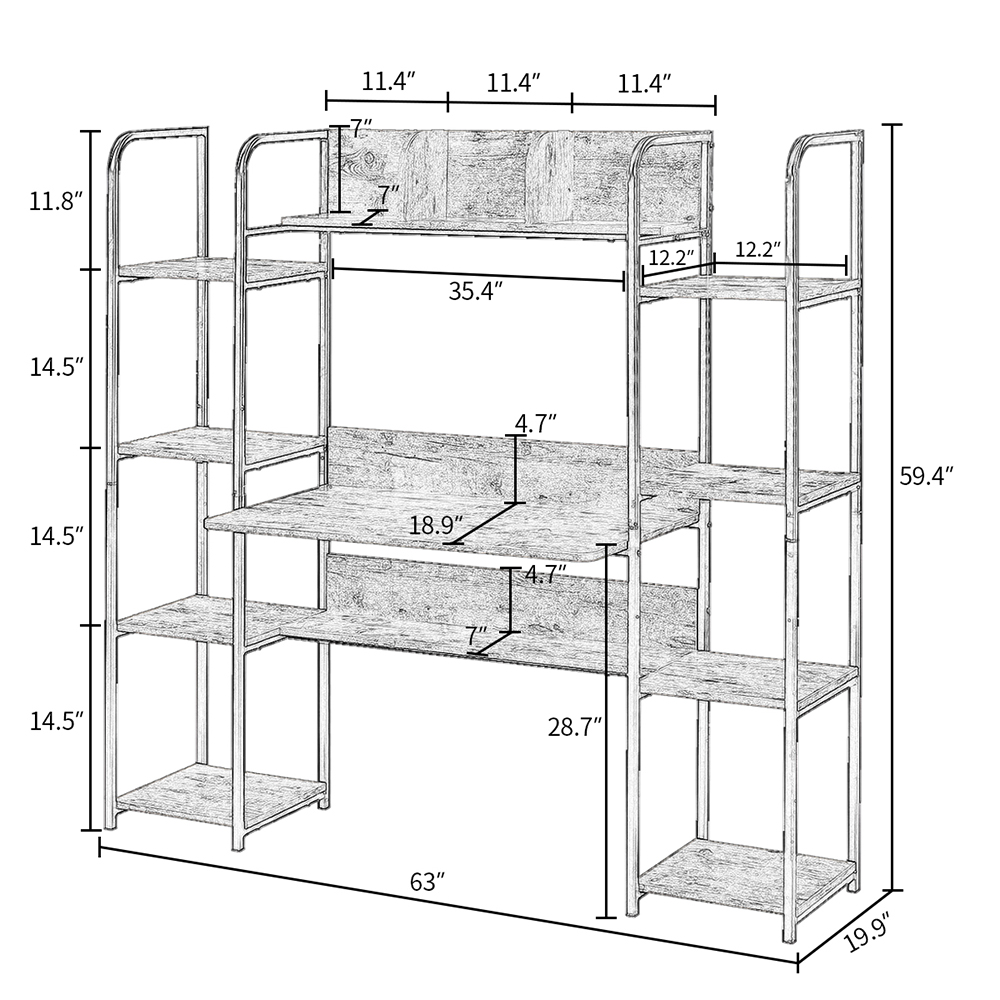 Home Office Computer Desk with Two Four-layer Shelves and Two Partitions - Brown