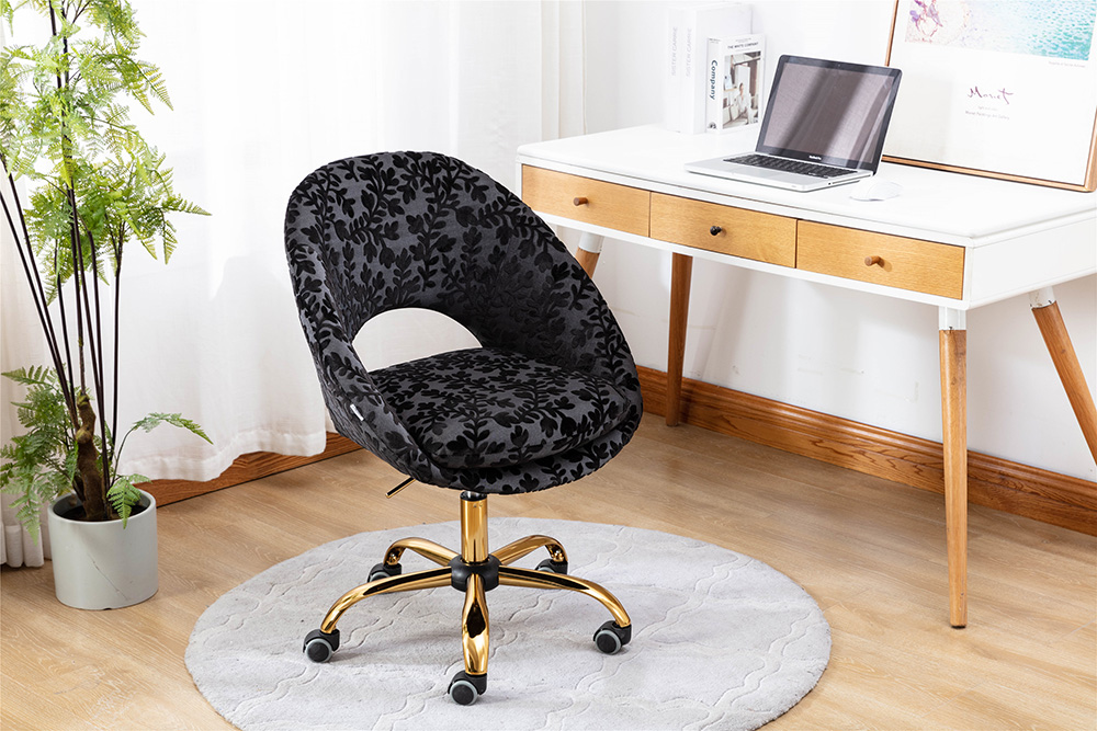COOLMORE Velvet Rotating Chair Height Adjustable with Curved Backrest and Casters for Living Room, Bedroom, Office - Black