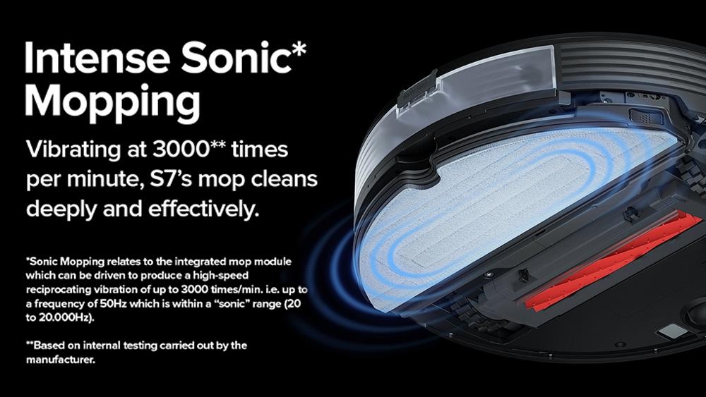 Roborock S7 Robot Vacuum Cleaner with Sonic Mopping Auto Mop Lifting 2500Pa Powerful Suction LiDAR Navigation Ultrasonic Carpet Recognition 5200mAh Battery 470ml Dustbin 300ml Water Tank APP Control for Pets Hair, Carpets and Hard Floor - Black