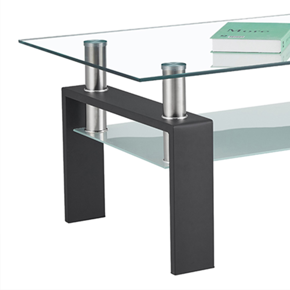 Household Rectangular Glass Coffee Table, Dual Storey, Easy to Clean - Black