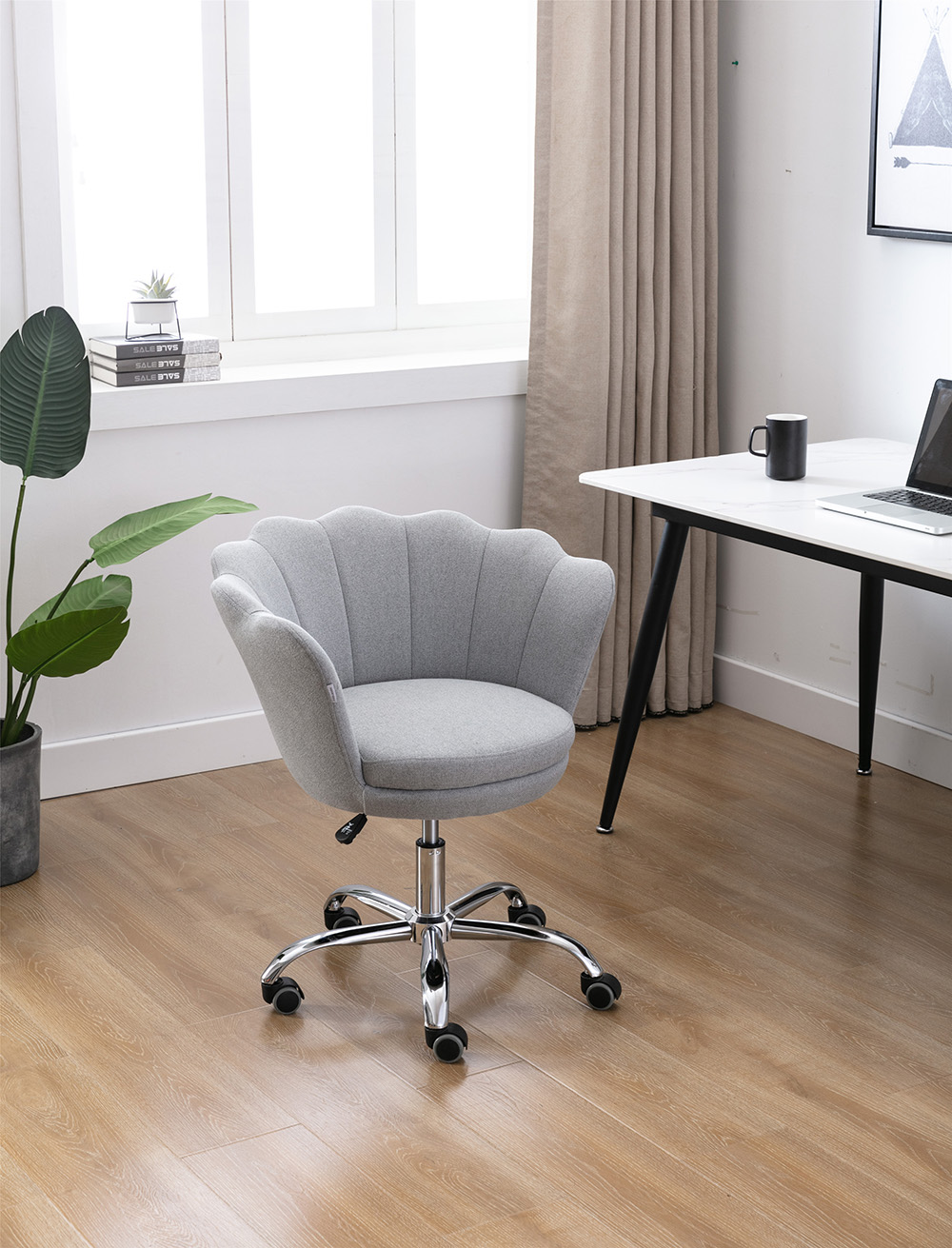 COOLMORE Linen Rotating Shell Chair Height Adjustable with Curved Backrest and Casters for Living Room, Bedroom - Light Grey