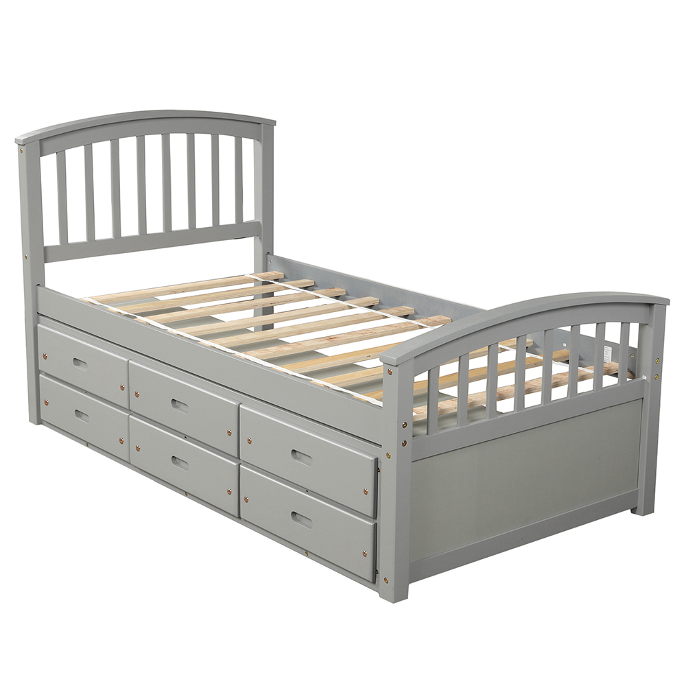 Orisfur Twin Size Wooden Bed Frame with 6 Storage Drawers - Gray