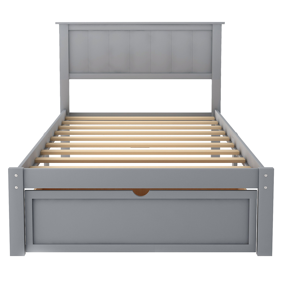 Twin Size Wooden Bed Frame with Under-bed Storage Drawer - Gray