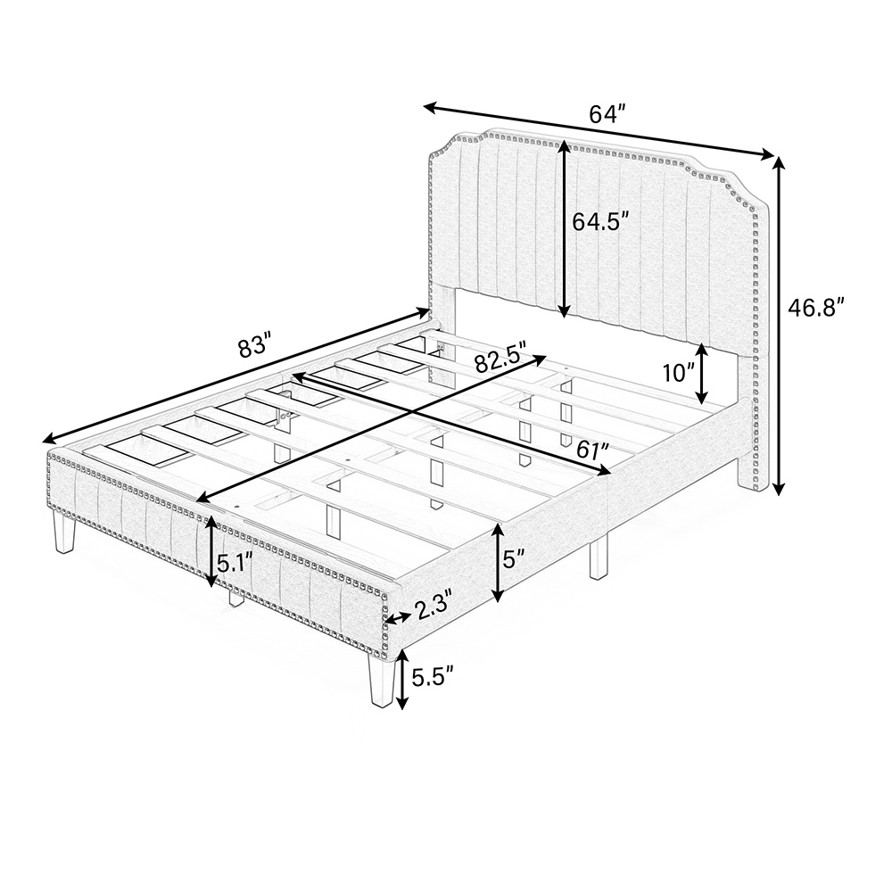 Queen Size Solid Wooden Upholstered Bed Frame Gray