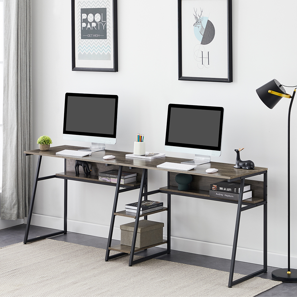 Dual Person Office Computer Desk, with Open Bookshelf and Double Shelf, Easy to Clean - Gray Brown