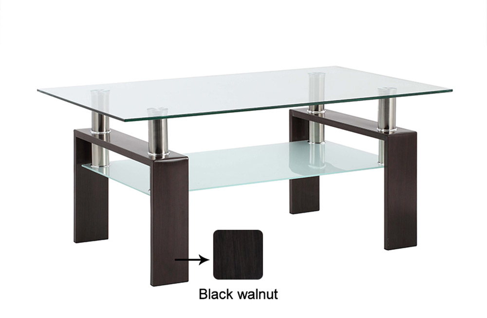 Household Rectangular Glass Coffee Table, Dual Storey, Easy to Clean - Black Walnut