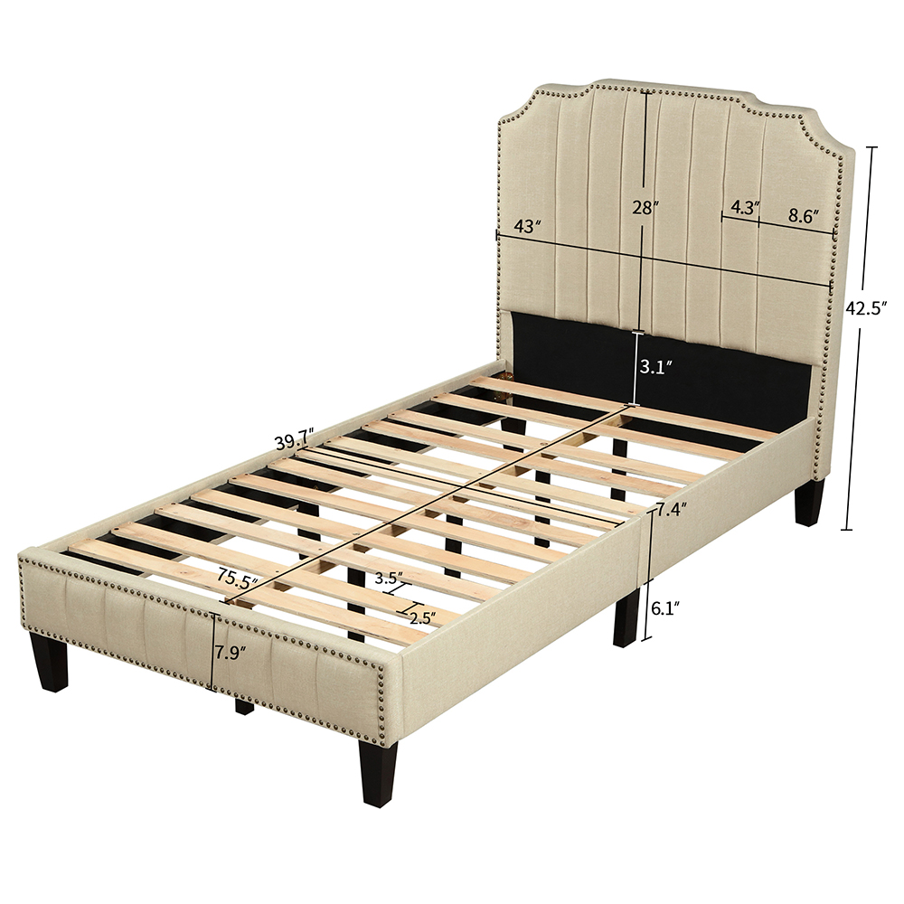 Twin Size Solid Wooden Upholstered Bed Frame with Linen Headboard and Nailhead Trim - Cream