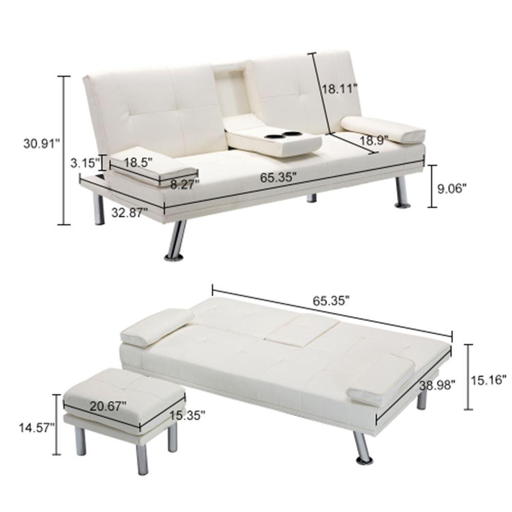 Folding Air Leather Sofa Bed with 2 Cup Holders White