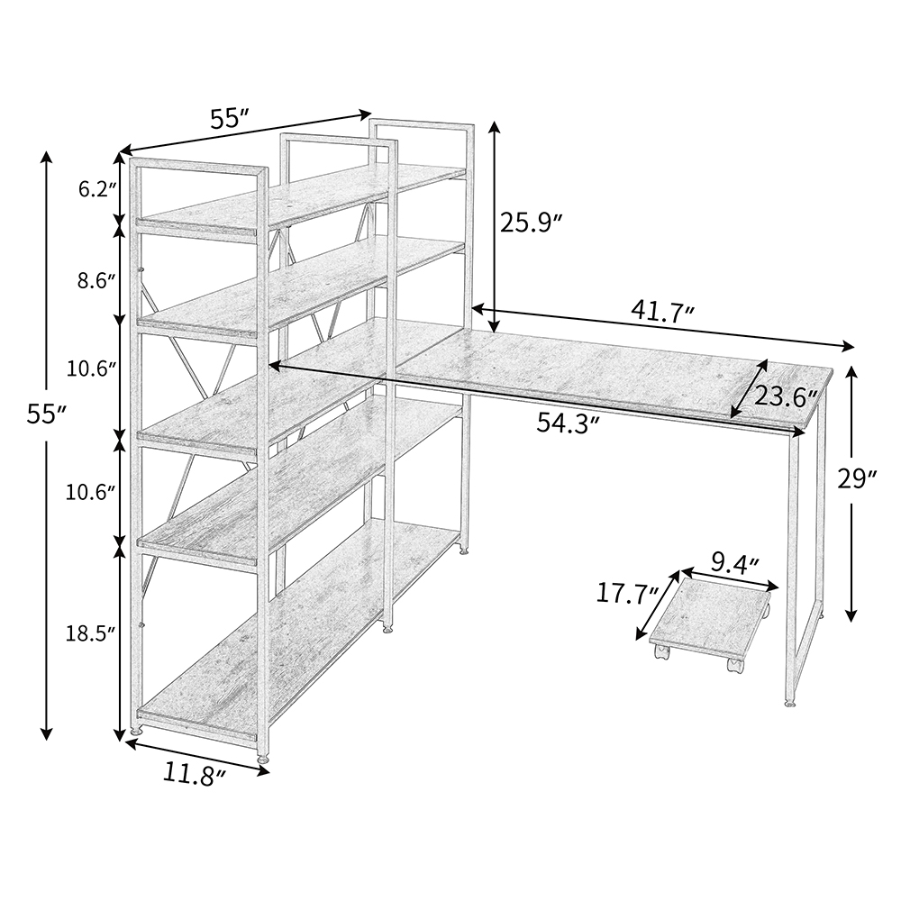 Home Office L-shaped Computer Desk with Five-layer Shelf and CPU Bracket - Brown