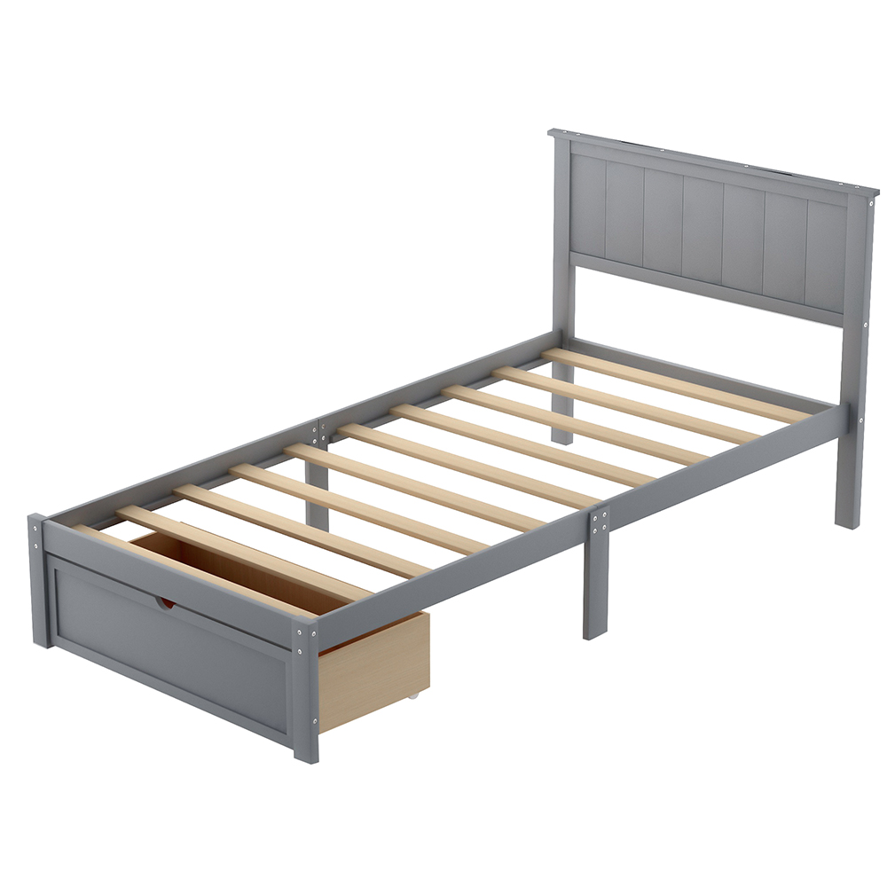 Twin Size Wooden Bed Frame with Under-bed Storage Drawer - Gray