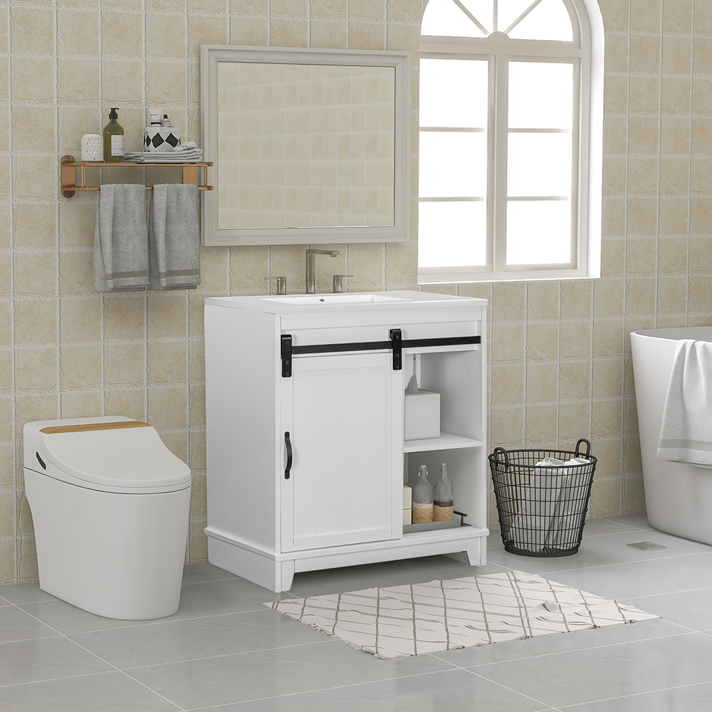 Bathroom Storage Cabinet with Sliding Door and Sink White