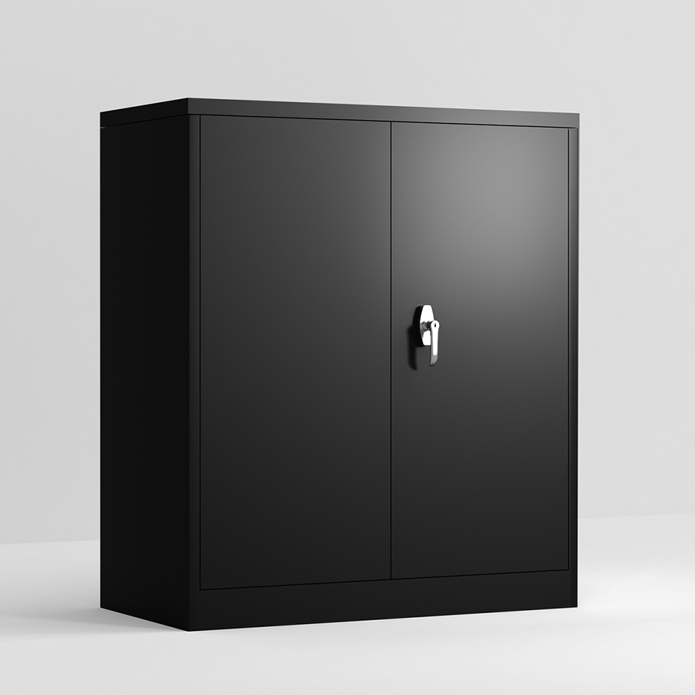 Three-layer Steel Storage Cabinet with 2 Adjustable Partitions and Lockable Doors - Black