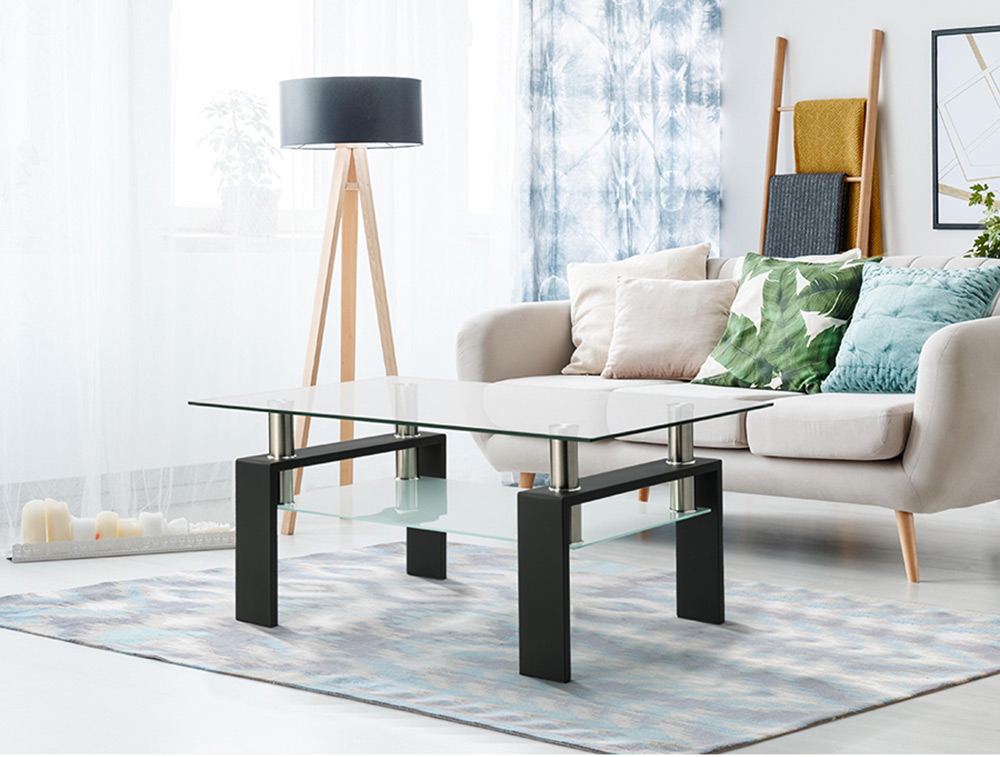 Household Rectangular Glass Coffee Table, Dual Storey, Easy to Clean - Black