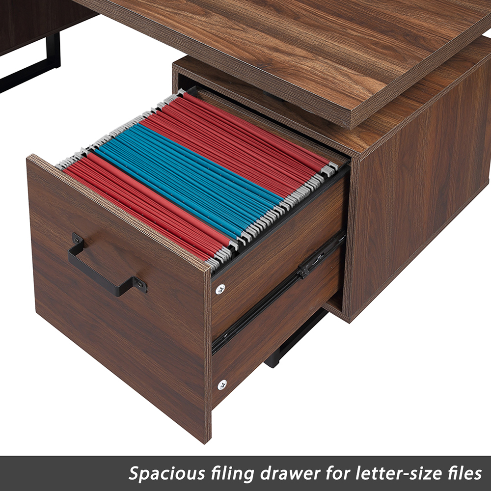 Home Office Computer Desk with Three File Drawers, U-shaped Metal Legs - Walnut