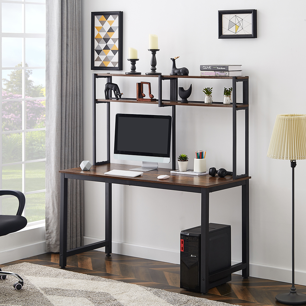 Home Office Computer Desk with Three-dimensional Shelf - Brown