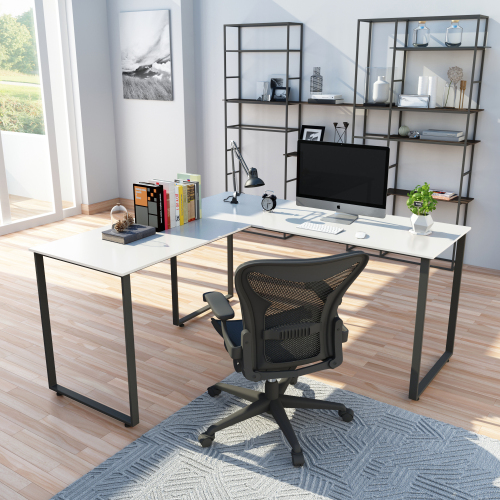 Home Office L-shape Computer Desk Wooden Tabletop Metal Frame - White