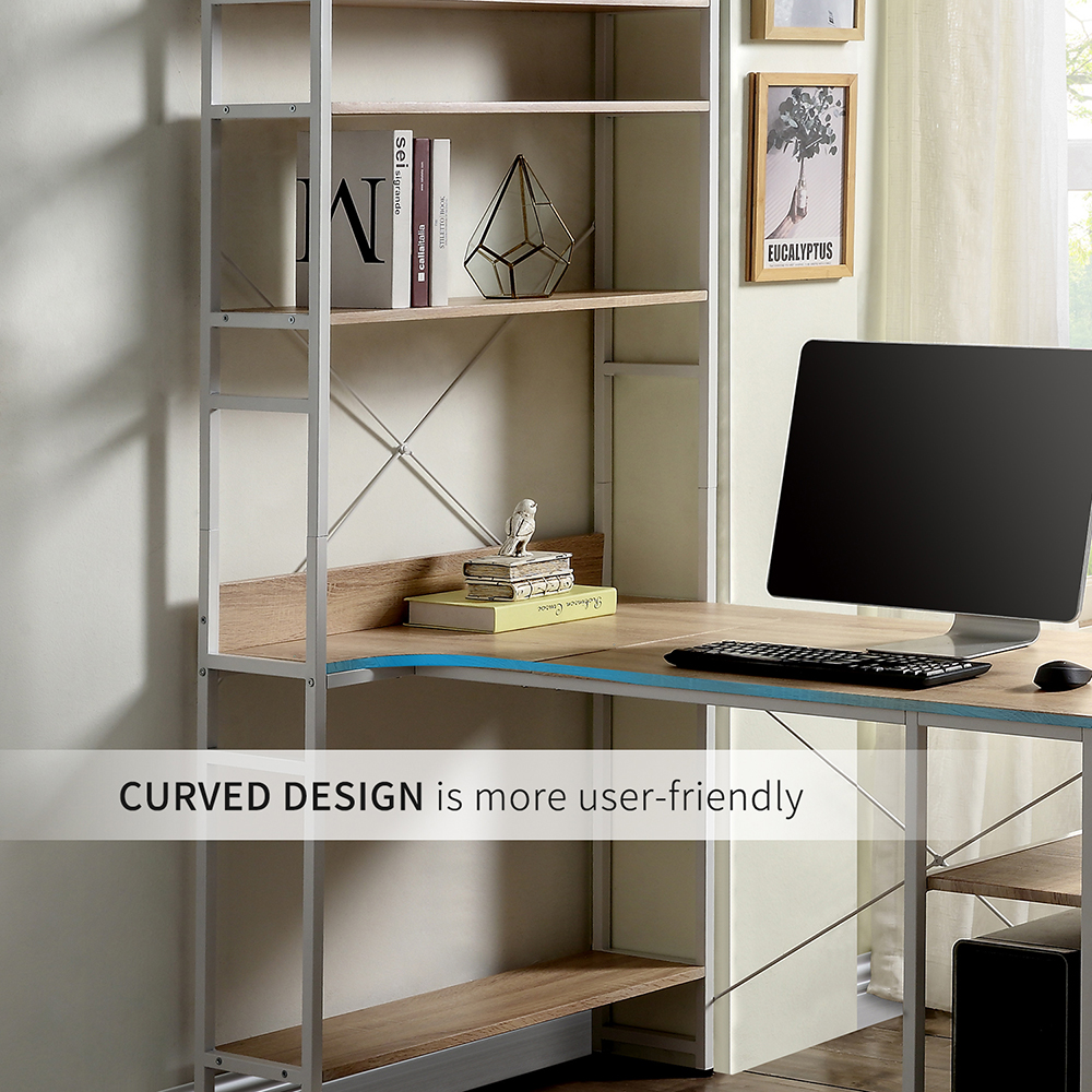 Home Office Computer Desk with Five-layer Shelf & CPU Bracket - Oak