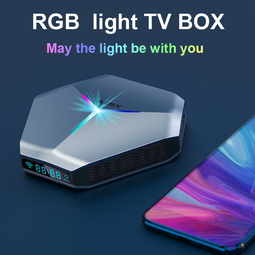 Color 2021 plus récent Android TV Box Amlogic S905X4 Quad-core Cortex-A55 avec Dual-WiFi 2.4G Android 11.0 TV Box 5GHz BT 4.2 /8K/4k/H.265 Android TV Box avec mini clavier rétroéclairé sans fil 