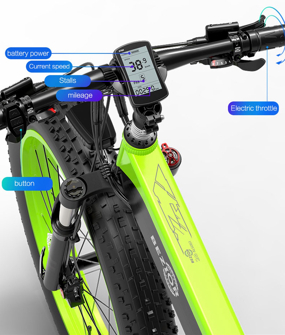 BEZIOR X1000 Bicicletta elettrica pieghevole per bicicletta Panasonic 48V 12.8 Ah Motore 1000W Pneumatico grasso da 26 pollici Telaio in lega di alluminio Shimano Cambio a 27 velocità Velocità massima 40 km / h IP54 100KM Distanza chilometrica assistita Display LCD IP54 impermeabile - Nero Verde