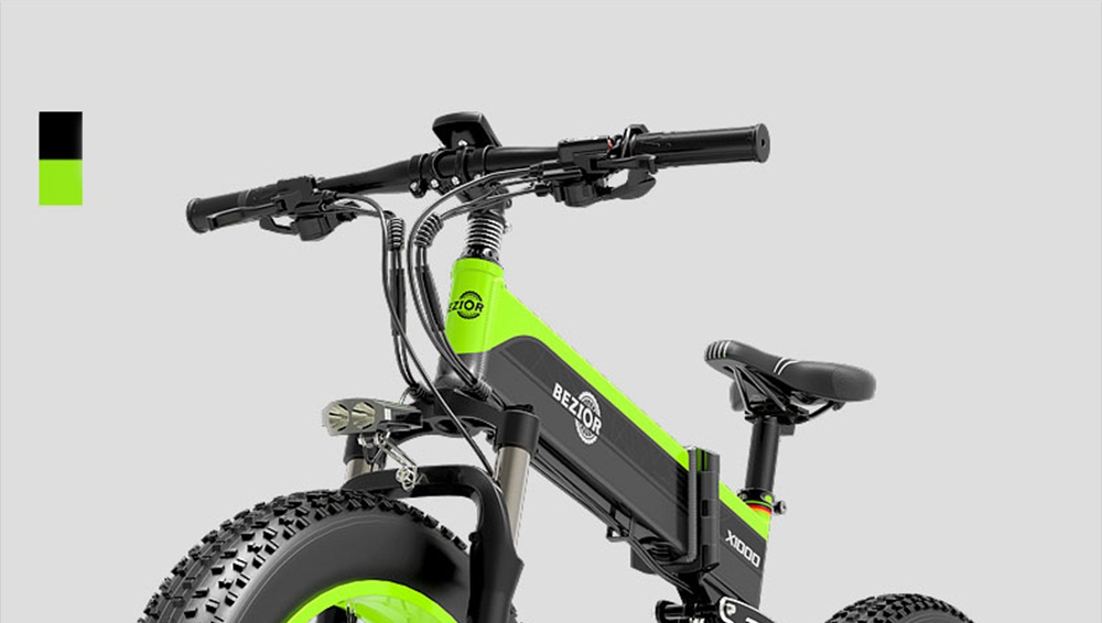 BEZIOR X1000 Bicicleta eléctrica plegable Panasonic 48V 12.8Ah 1000W Motor Neumático grueso de 26 pulgadas Marco de aleación de aluminio Shimano Cambio de 27 velocidades Velocidad máxima 40km / h IP54 100KM Alcance de kilometraje asistido por energía Pantalla LCD IP54 a prueba de agua - Negro Verde