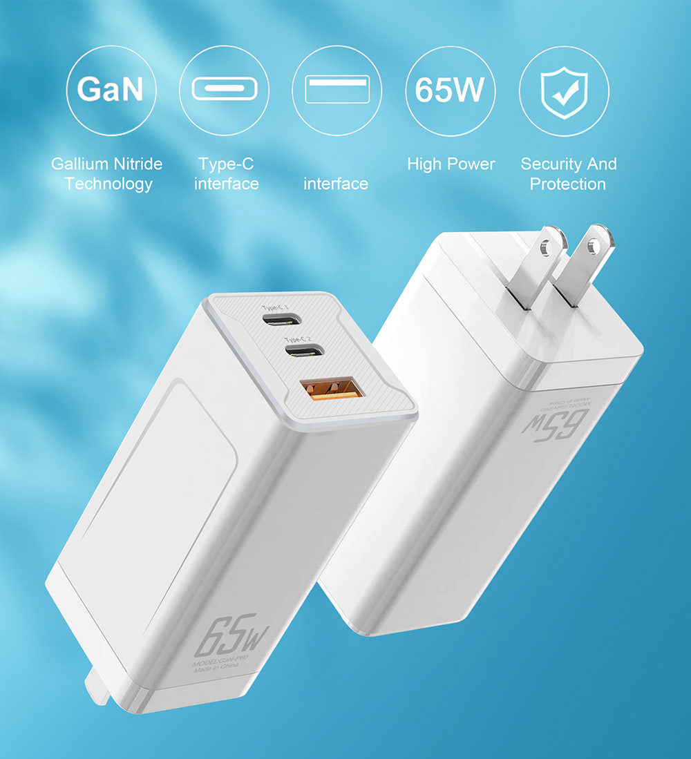 GaN-P60 GaN 65W USB C Charger Quick Charge 3.0 QC3.0 PD3.0 USB-C Type C Fast USB Charger For iPhone 12 Pro Max Macbook -White EU Plug