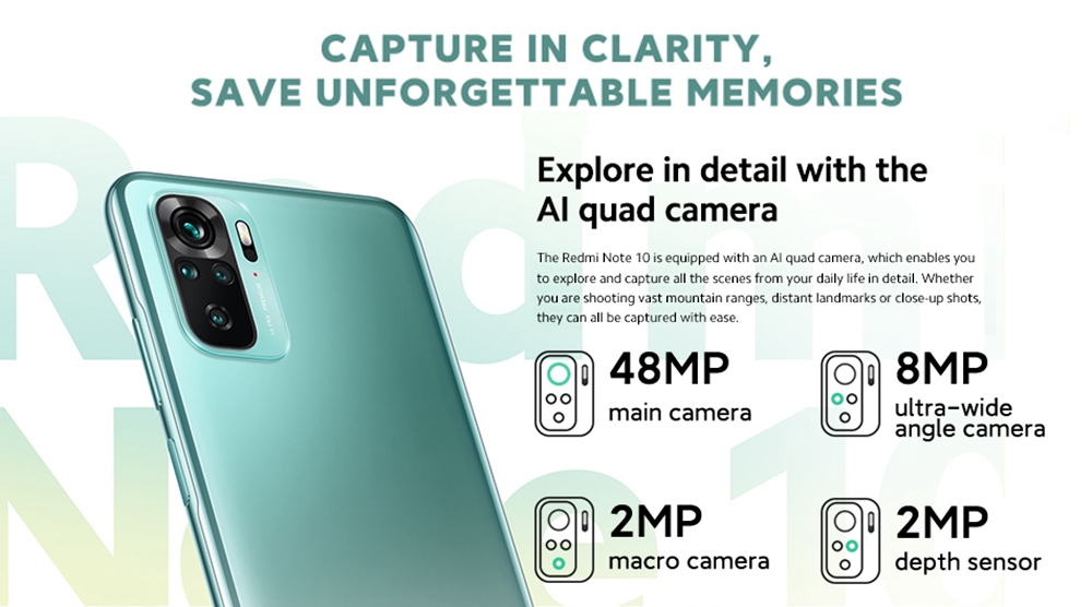 Xiaomi Redmi Note 10 Global Version 6.43" AMOLED Display 4G LTE Smartphone Snapdragon 678 4GB RAM 64GB ROM 48MP Quad Rear Camera MIUI 12 33W Fast Charging - Green