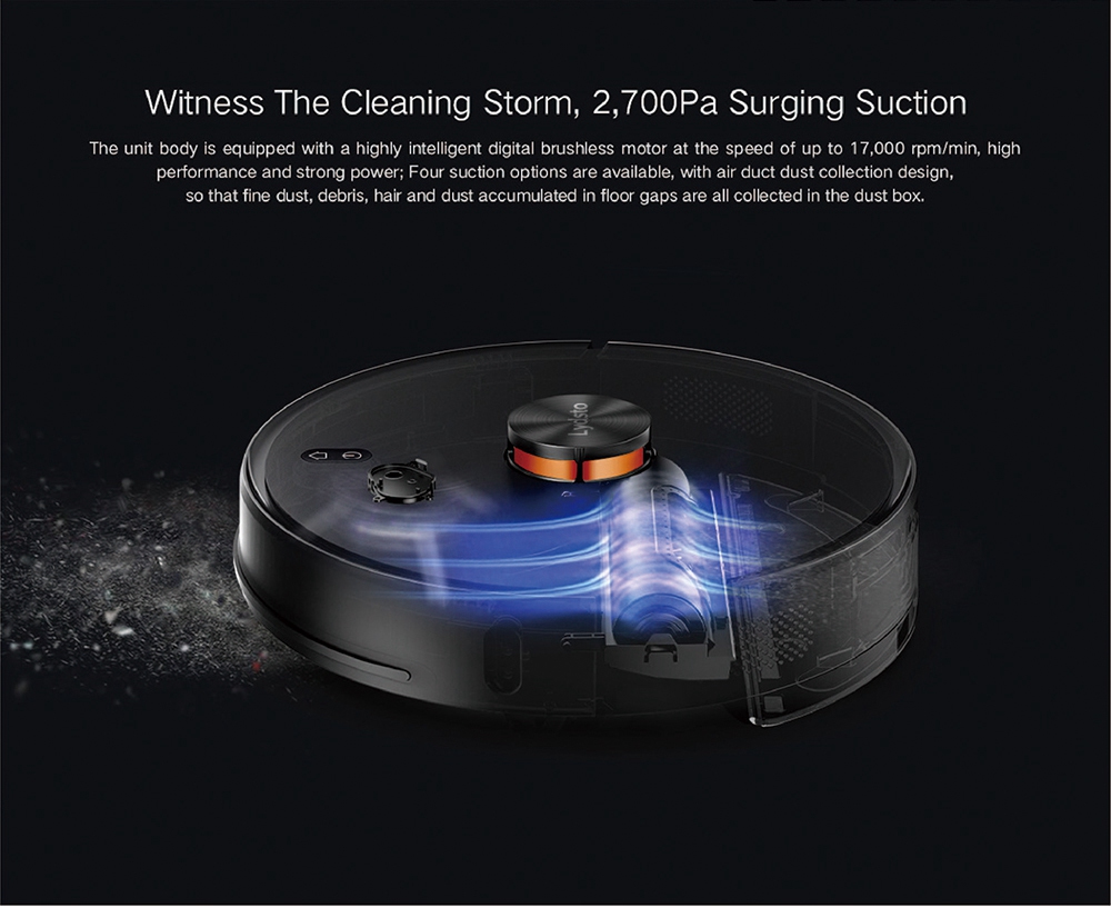 Lydsto R1 Robot Vacuum Cleaner with Intelligent Dust Collector Integrated Sweeping and Mopping 2700Pa Powerful Suction 5200mAh Battery LDS Laser Navigation - Black