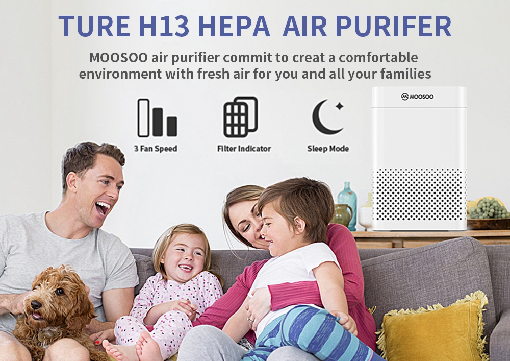 MOOSOO AC03 Air Purifier with 3-layer HEPA Filter System for Ultra-quiet Removal of Dust, Pet Dander, Smoke, and Pollen in Large Rooms - White