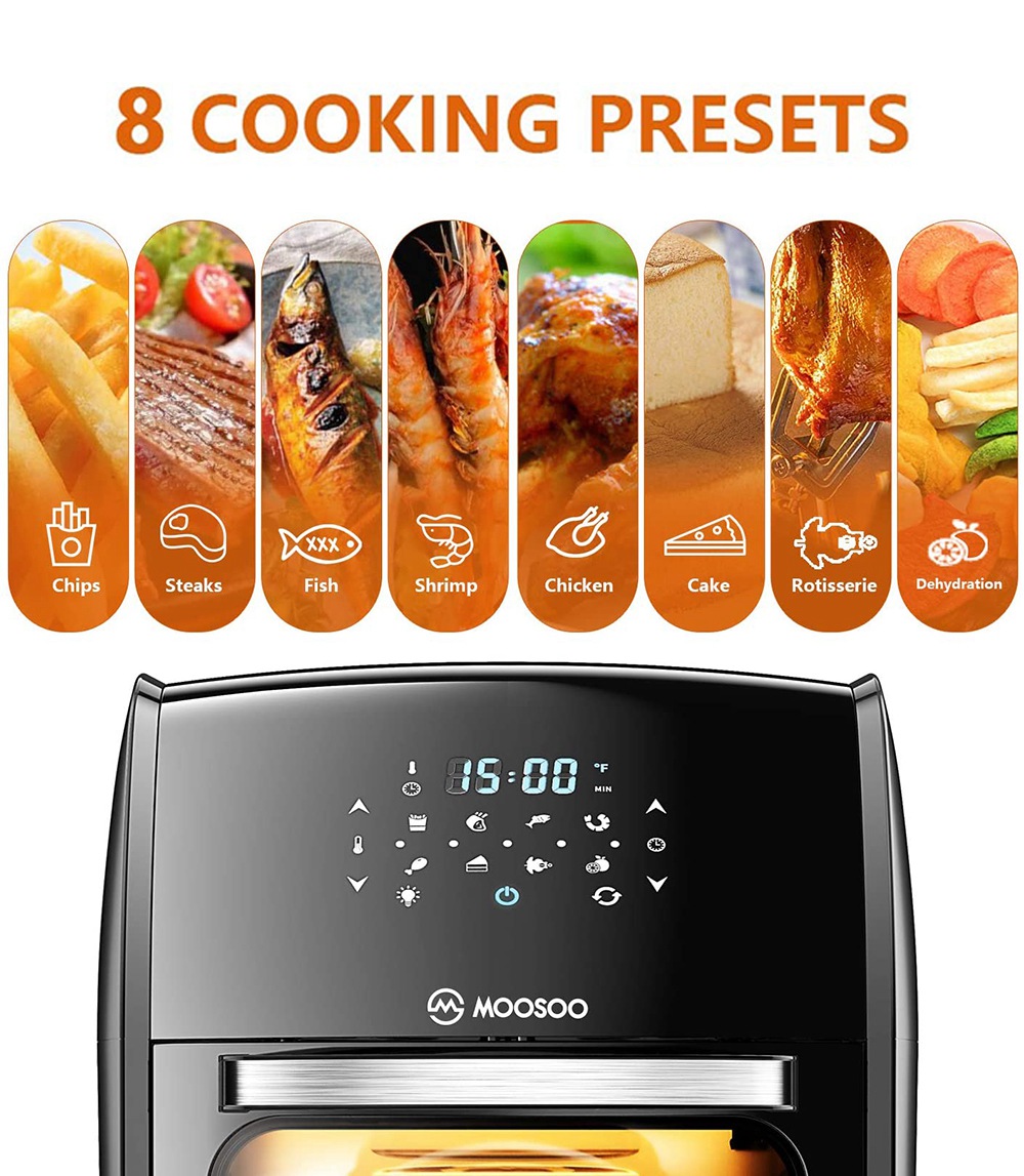 MOOSOO MA30 Multifunctional Air Fryer 1700W Power 12.7QT Capacity 8 Preset Menus LED Digital Touch Screen for Frying, Baking, Dehydrating, Roasting - Black